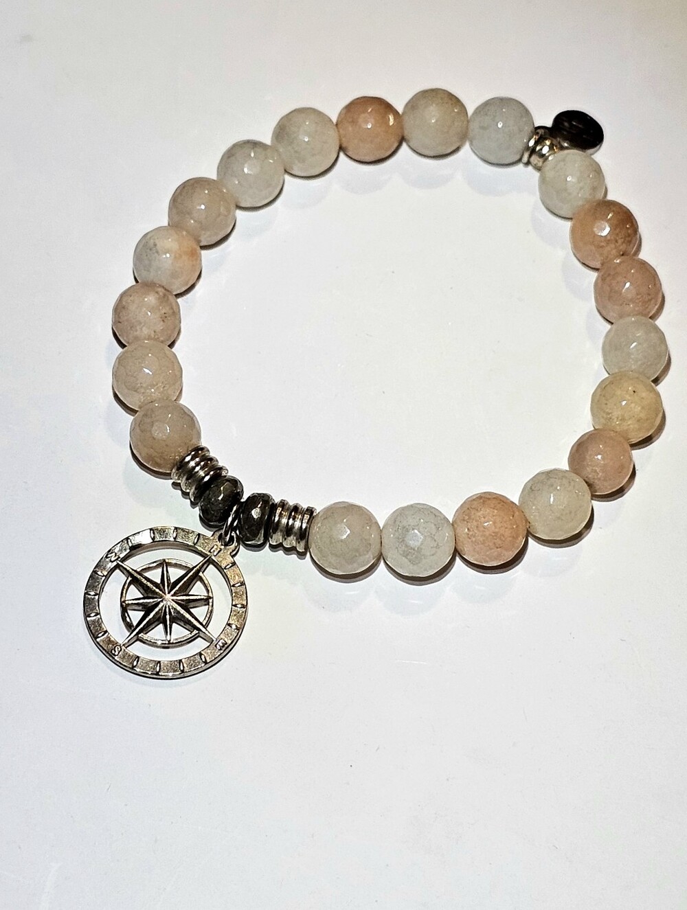T. Jazelle Beaded Stretch Bracelet Faceted Beige White Stones Compass